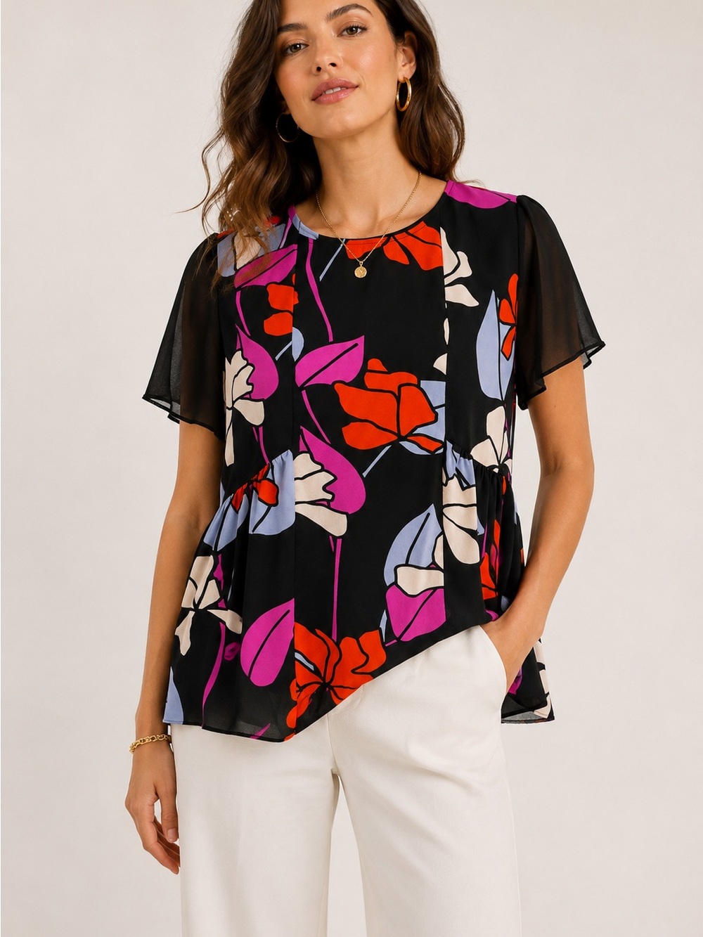 CROSBY by Mollie Burch Floral Peplum Blouse S Black Pink Flutter Sleeve Top
